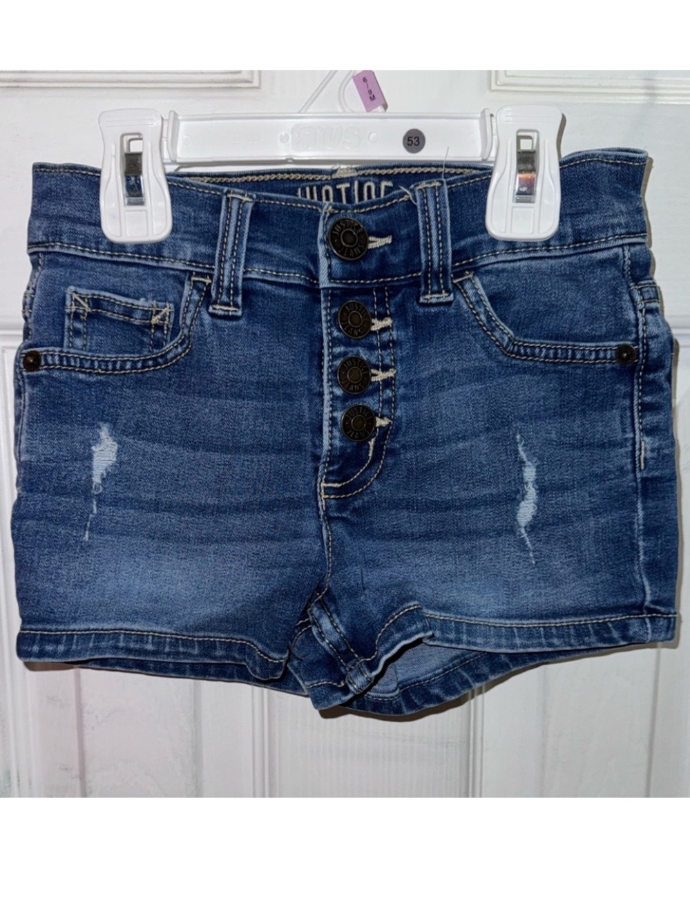 Justice Girls High Rise Denim Shorts Size 8 Button Fly Distressed Blue Jean Shor